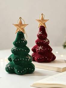 1PC Cozy Vintage Velvet Flocked Mini Christmas Tree Shaped Tabletop Figurine, Gold Star Topper Glitter Snowflake Detail Hanging Tree Decor, Festive Desktop Craft Ornament Pendant For Christmas Xmas Dinner Table Mantle Winter Room - Multiple Styles - View 3