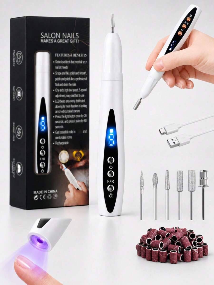 GANLAIX 二合一電動美甲鑽機與UV凝膠固化燈，5速便攜式美甲拋光筆，正反轉旋轉，Type-C充電，320mAh，低噪音，適用於凝膠去除與美甲藝術