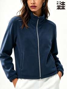mulinsen Women's Solid Color Fleece Sports Jacket, Stand Collar Zipper Closure With Letter Detail, Warm Fabric, Suitable For Hiking And Fitness - Navy Blue - View 3