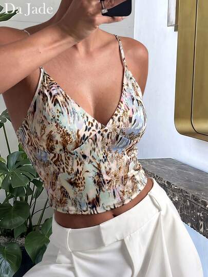 Da Jade Top casual de moda para mujer, sexy estilo Y2K Millennium, dulce y cool, vintage, con estampado degradado de leopardo y cebra, cuello en V, fino, para verano, citas, fiesta y discoteca