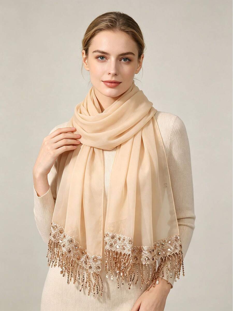 1pc Women's Sequin Tassel Chiffon Long Scarf Shawl For Party, Banquet, Outerwear - Multicolor - View 1