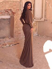 Women's Brown Elegant Formal Long Dress, Long Sleeve Ruched Asymmetric Chiffon Gown, Round Neck, Suitable For Luxury Evening Party - Coffee Brown - View 2