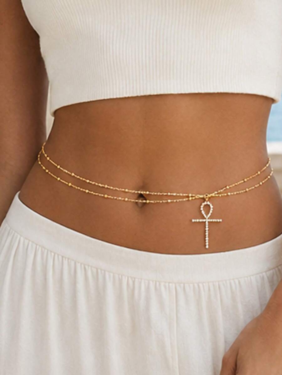 1pc Gold Cross Rhinestone Sexy Double Layer Waist Chain For Women - Gold - View 1