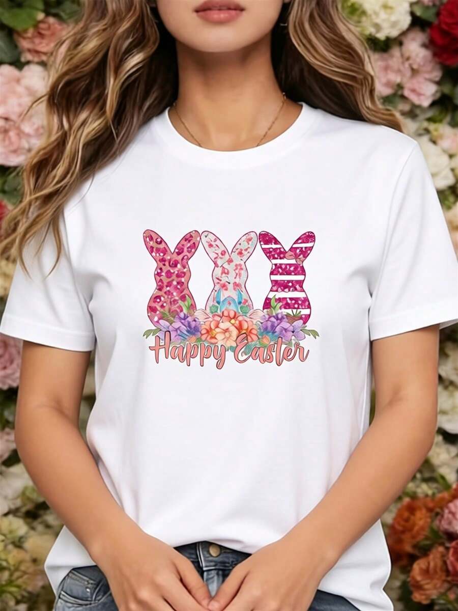 This Women's T-Shirt Features A Rabbit Silhouette, With Floral Patterns And A Cheerful Easter Theme, Combining Classic And Modern Styles.This One - 白色 - 查看 1
