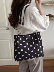 1 pieza Bolso de hombro de moda con patrón de lunares y contraste de color, de poliéster, gran capacidad y cierre de cremallera, adecuado para el uso diario de las mujeres - Blanco y Negro - Ver 5