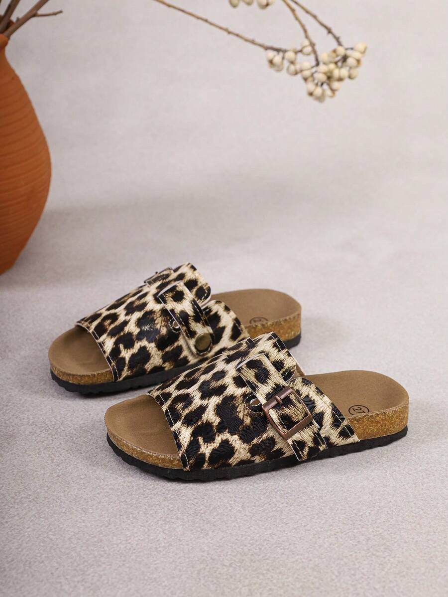 Vintage Style Kids Leopard Print Double Strap Adjustable Buckle Open Toe Flat Slide Sandals, Casual Daily Vacation Wear - Brown - View 1