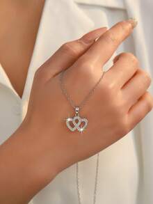 1 pieza/Collar de moda para mujer, estilo real elegante, aleación con circonita transparente incrustada, colgante de doble corazón entrelazado, accesorio versátil de doble color oro y plata para playa, vacaciones, viajes, regalo de San Valentín y citas, joyería de cuello - Multicolor - Ver 8
