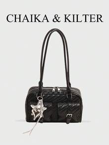 CHAIKA & KILTER 1件純色PU布料女款時尚多口袋大容量波士頓保齡球肩背包，全表面紋理拉鍊開合，適合日常與街頭使用（附吊飾） - 黑色 - 查看 2