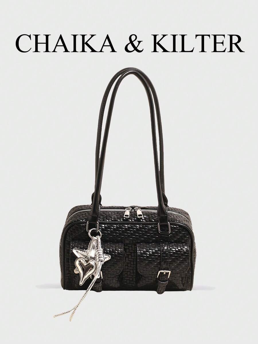 CHAIKA & KILTER 1件純色PU布料女款時尚多口袋大容量波士頓保齡球肩背包，全表面紋理拉鍊開合，適合日常與街頭使用（附吊飾）
