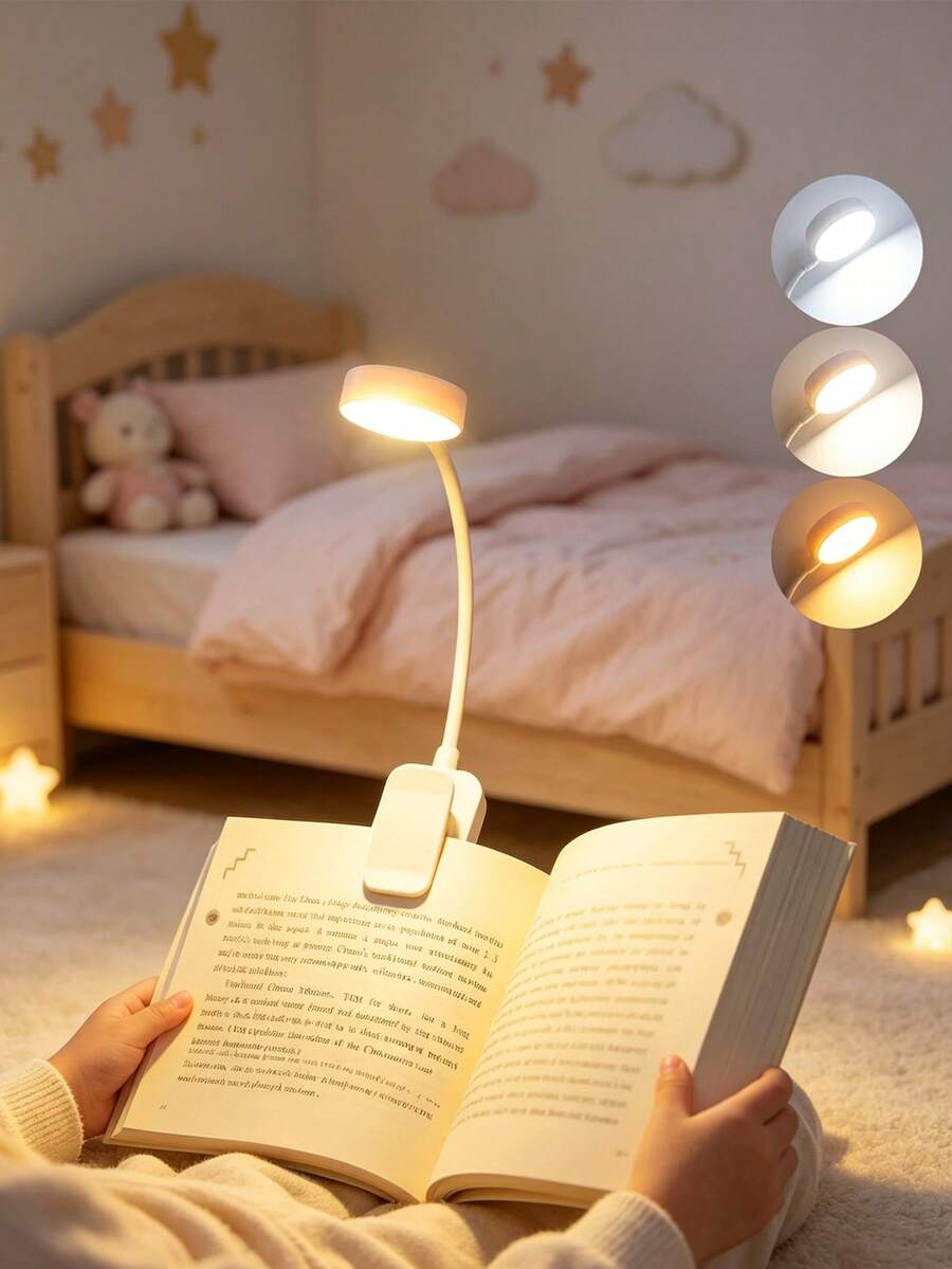 1pc 4-LED White Clip-On Eye Protection Reading Light, Rechargeable Book Light, 3 Color Temperatures, Adjustable Brightness, Mini Portable Clip-On Reading Lamp - White - View 1
