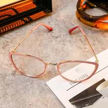 1 Pair Women's New Cat Eye Fashion Glasses, Full Frame Solid Color Transparent Lenses, Rhinestone Decor, Metal Temple Design, Decorative Glasses, Elegant Style Women's Fashion Accessory - Classic Pink Frame - View 13