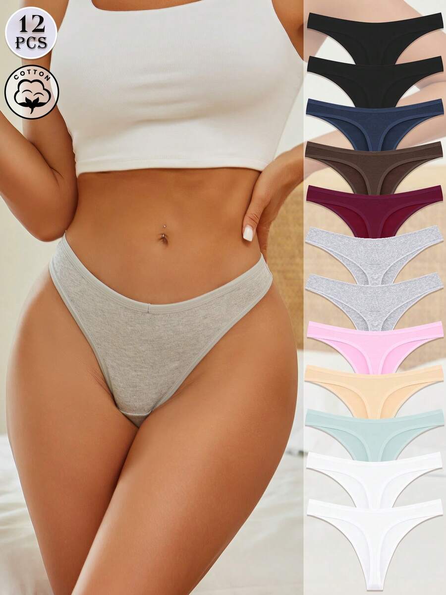 12Pcs Cotton Hemmed Solid Color Breathable Thin Sexy& Basic Women's Thongs, Comfortable Women's Underwear,Size From XS To XXL - 彩色 - 查看 1