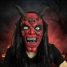 Halloween Satan Demon Latex Mask, Vampire Long Hair Full Head Mask, Adult Horror Red Face Horn Mask - Red Demon Mask - View 3