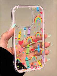 1pc Back To School Cute Crayon Rainbow Pattern Colorful Charming Protective Phone Case, Soft TPU Shockproof Anti-Drop Protective Cover, Suitable For IPhone 17 17Pro 17Promax 17 16Promax 16 15 14 13 12 11 And Other Models, Back To School Protective Cover, Perfect For Easter And Christmas Holidays, Great Birthday Gift For Friends/Family Or Yourself - Pink - View 2