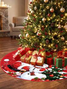 1pc Red Christmas Tree Skirt With Santa Claus & Snowman & Christmas Tree Pattern, Drawstring Closure, Round Christmas Tree Fit, Christmas Tree Decoration, Holiday Party Decoration, Merry Christmas Decoration, Winter Home Decor - Christmas B - View 5