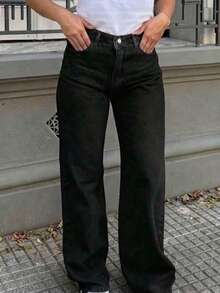 Teen Girls Pocketed Straight Loose Casual Versatile Jeans - Black - View 3