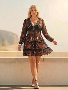 CAJUNI 2026 Spring/Summer Plus Size Women V-Neck Casual Vacation Beach Short Dress Black - Black - View 3