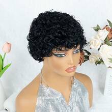 Human Hair Pixie Cut Wig With Bangs For Women- 150% Density Short Curly Wave Wig For Daily Use, Cosplay & Parties, Glueless Hair Wig - Natural Black - View 5