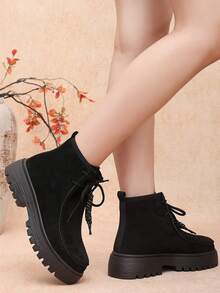 Women's Fashion Round Toe Black Lace-Up Slip-On Thick Sole Ankle Boots, Autumn/Winter, Plus Size - Black - View 8