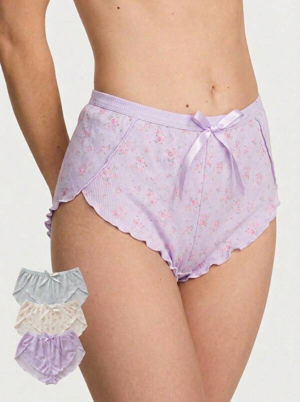 Aesletic 3 Pcs Women Ribbed Ditsy Floral Boxer Shorts, Ruffle Hem Satin Bow Drawstring Loose Sleep Shorts, Soft Breathable