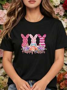 This Women's T-Shirt Features A Rabbit Silhouette, With Floral Patterns And A Cheerful Easter Theme, Combining Classic And Modern Styles.This One - 黑色 - 查看 1