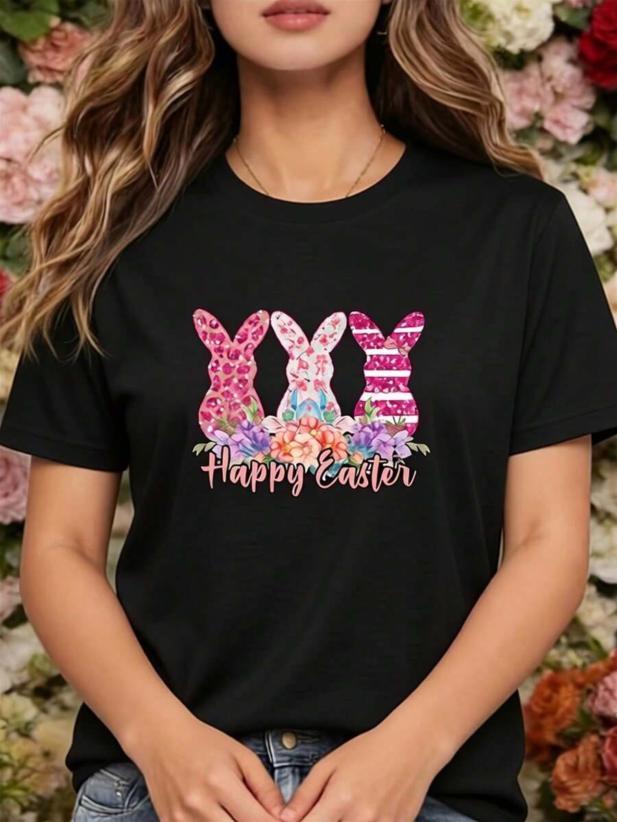 This Women's T-Shirt Features A Rabbit Silhouette, With Floral Patterns And A Cheerful Easter Theme, Combining Classic And Modern Styles.This One - 黑色 - 查看 1
