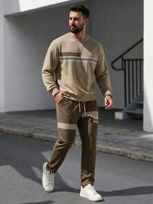 Men's Fashionable Versatile Graphic & Letter Print Crew Neck Sweatshirt And Pants Set, Autumn/Winter - Multicolor - View 1