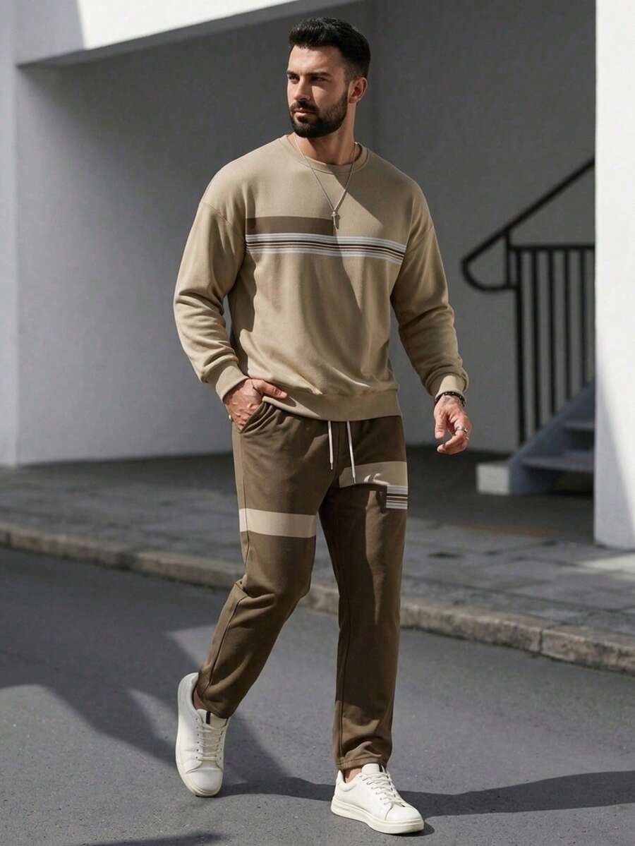 Men's Fashionable Versatile Graphic & Letter Print Crew Neck Sweatshirt And Pants Set, Autumn/Winter - Multicolor - View 1