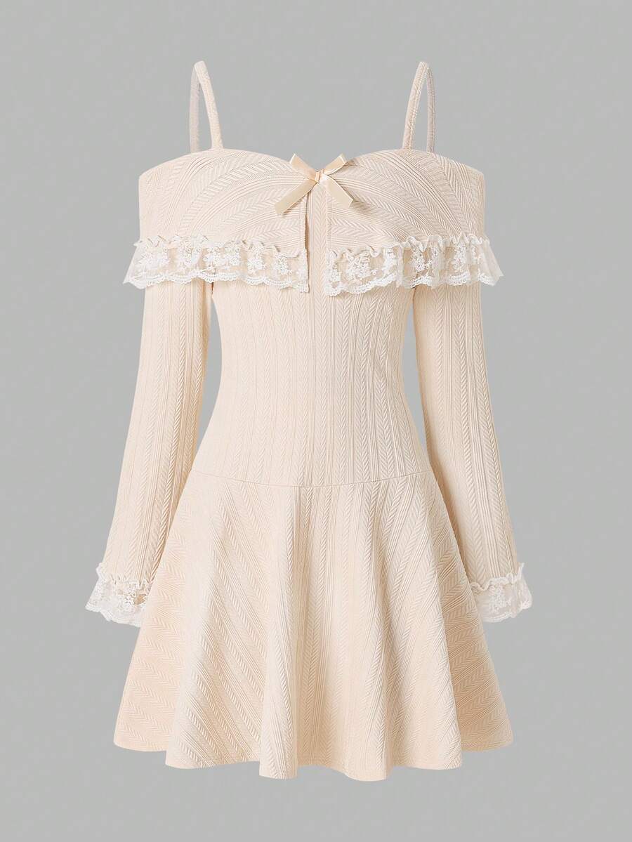Autumn/Winter Girls' Fashion Elegant Spaghetti Strap Contrast Lace Dress - Apricot - View 1