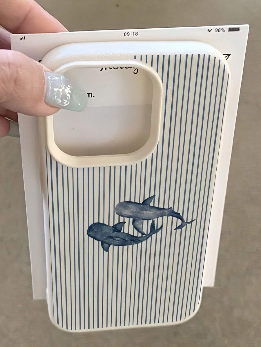 1pc White Matte Minimalist Lens Protection Blue Striped Double Shark Pattern Phone Case, Personalized For IPhone 16 Pro Max/17/16/15/14 Plus/13/12/11/Air, Compatible With Samsung Series - Multicolor - View 1