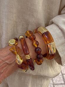 4pcs/1pc Vintage Elegant Bohemian Style Daily Geometric Asymmetrical Exaggerated Thick Elastic Round Bead Bamboo Joint Maillard Brown Coffee Color Tie Dye Resin Bracelet Stacked Acrylic Splice Bangle Set Multi-Piece Set Stacked Y2K Jewelry Accessories Suitable For Women Summer Beach Party Birthday Party Daily Wear - Brown - View 5