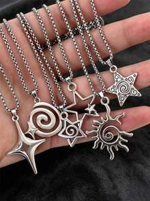 6pcs/1pc Men's & Women's Vintage Gothic Hip Hop Star Flame Spiral Sun Heart Pendant Stainless Steel Chain Necklace Set, Includes 6 Mixed European Baroque Cross Pendant Necklaces, Suitable For Christmas, New Year, Valentine's Day And Other Holidays - Silver - View 14