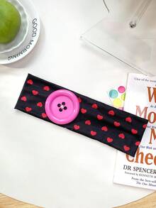 1pc Y2K Dopamine Colorful Heart Print Wide Headband With Oversized Button, Niche Handmade Stitched Design, Millennium Hot Girl Energetic Sweet Cool Girl Aesthetic Accessory - Multicolor - View 11