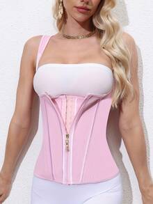 European & American Women's Button & Zipper Vest Waist Cincher, Court Style Corset Top, Tummy Control Body Shaping Top - Pink - View 4