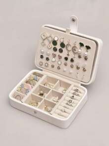 1pc Multifunctional PU Jewelry Box, Double Layer Multi-Compartment Portable Jewelry Storage Box, Large Capacity Valentine's Day Gift, Suitable For Earrings, Rings, Necklaces, Zipper/Button Style, Travel Essential, Back To School, Dorm Storage - White - View 3