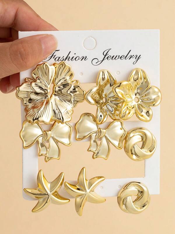 Juego de 2-10 piezas de pendientes dorados con flores y estrellas de mar