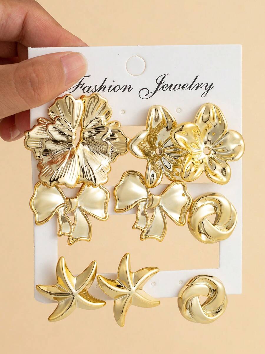 2-10PCS Gilded Flower & Starfish Gold Earrings Set - Gold - View 1