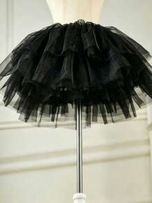 1 Peça Saia Lolita Cosplay Feminina Assimétrica Curta de 38cm com 4 Camadas de Tule, Anágua Tutu de Balé Fofinha para Uso Interno/Externo, Halloween - Preto - Visão 1