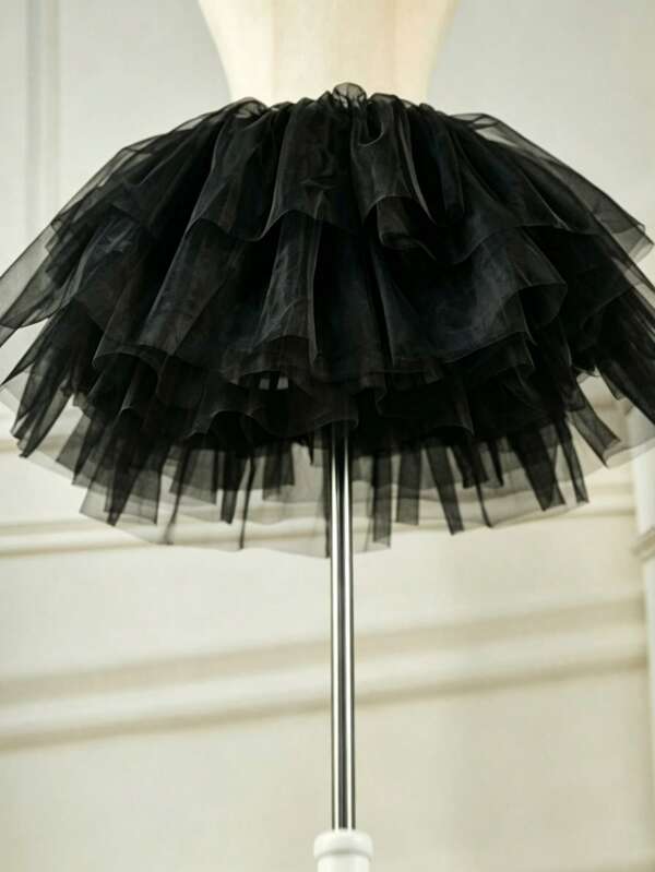 1 Vestido Lolita Cosplay Feminino Curto 38cm Irregular de Gaze em 4 Camadas, Saia Tutu Fofa, Anágua para Uso Interno e Externo