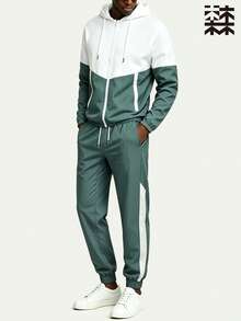 mulinsen Casual Men's Hooded Cardigan Jogger Sports Set, Black And White Color Block Outdoor Leisure Long Pants Set - Olive Green - View 6