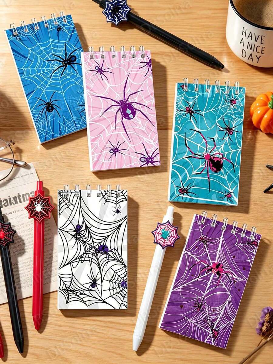 12pcs/Set Spider Web Notebook With Spider Web Pen, Spider Theme Fine Writing Tool Set, Suitable For Spider Party Decoration Guestbook, Halloween, Birthday Party Decoration Supplies, Can Be Used As Spider Party Gift, Random Style - Spider-themed Stationery Set - View 1