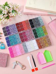 9Box 108-Grid Flat Bottom Rhinestone Set, Rhinestone Kristal Warna Campuran untuk Seni Kuku, Batu Dekorasi Seni Kuku Resin Bulat Aneka Warna, Termasuk Alat Pembuat Titik, Pinset, Baki Rhinestone dan Sendok, Dekorasi Seni Kuku 3D Mengkilap, Aksesoris Seni Kuku DIY - MultiWarna - View 2