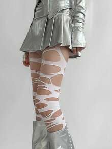 Women's Gothic Distressed Hollow Fishnet Tights, Y2K Rock Style Asymmetrical Ripped Hollow Mesh Sheer Pantyhose, Punk Aesthetic Long Socks - Multicolor - View 6