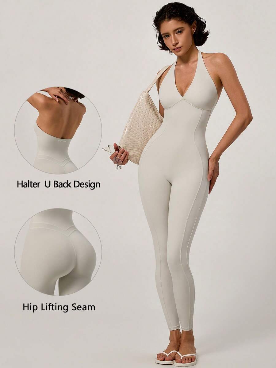 TimeOff Women's 1pc Solid Color Halter V-Neck Detachable Padded Slim Fit Sports Jumpsuit - Apricot - View 1