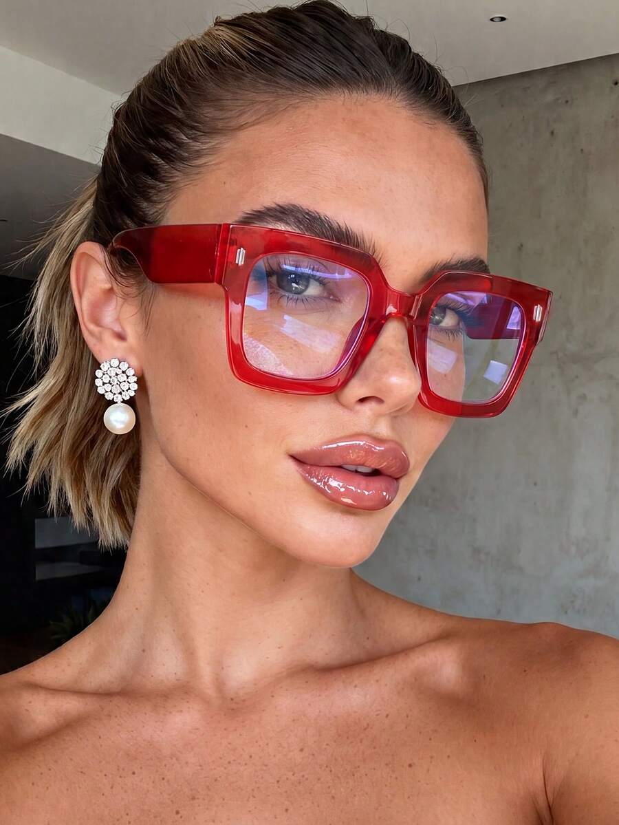 1 Paar Damen-Brille mit quadratischem großem Rahmen, elegant und hautschmeichelnd, ohne Sehstärke, Campus-Stil, gesichtsschmeichelnd, geeignet für den Alltag, Büro, Fernsehen, Gaming und als Handy-Dekoration - Hong Ping - Übersicht 1
