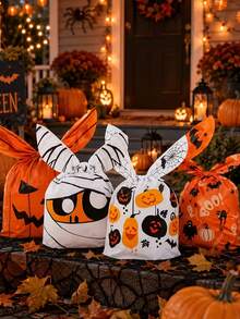 30/1pc Halloween Bunny Ear Gift Bag, Featuring Pumpkin, Ghost, And Bat Designs. Suitable For Halloween, Themed Party Gift Wrapping, Surprise Party Decorations, Holiday Party Favors, Small Item Storage, And Home Decor - One Size Fits All - View 4