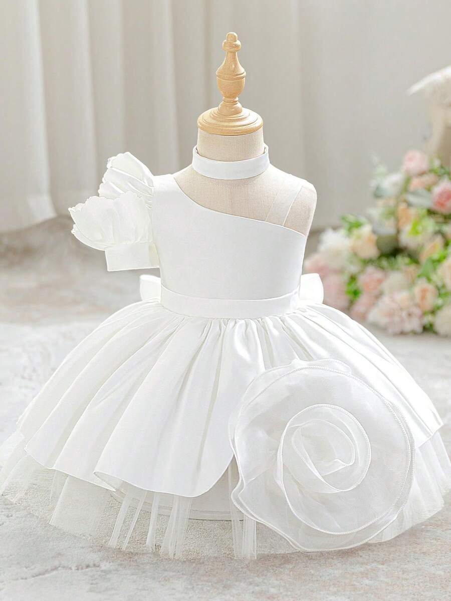 Baby Girls Solid Color Asymmetrical Shoulder Design 3D Flower Bow Satin Fabric Cute 1st Birthday Dress, Headband Not Included - White - View 1