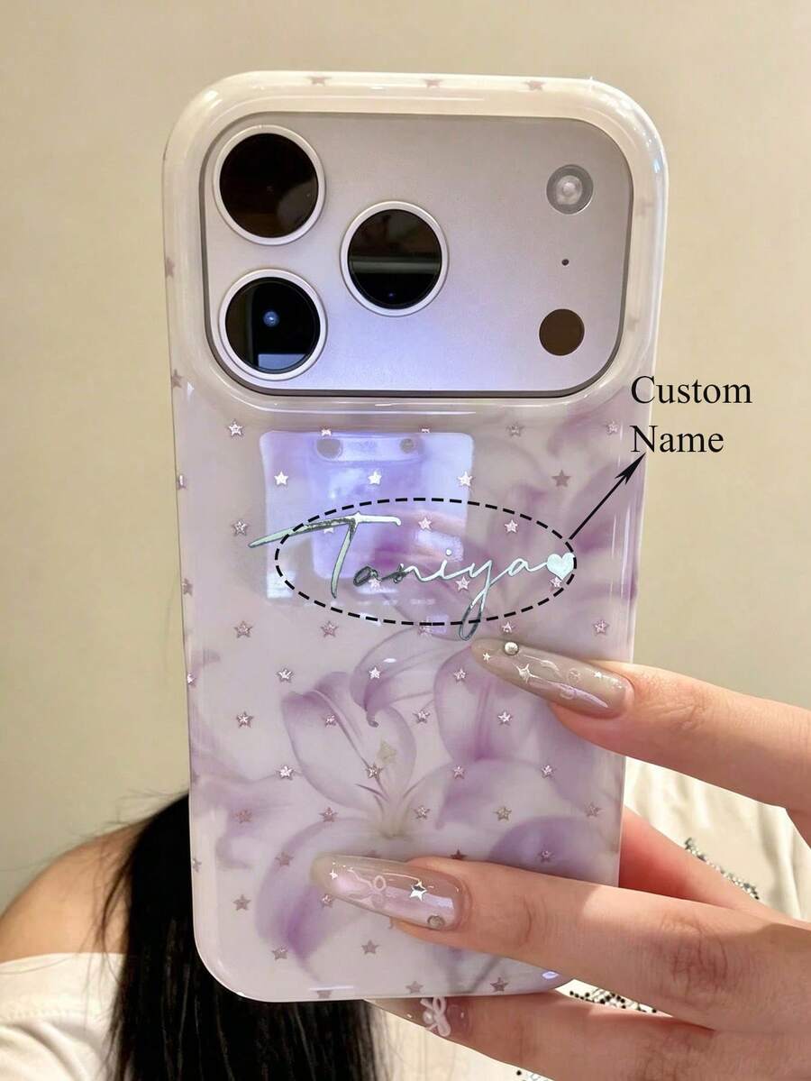 Personalized Customized DIY Name Splicing Lattice Floral Lens Protection Glossy Phone Case Compatible With IPhone 17 Pro Max 17Pro 17 16 15 Pro Max Stylish Soft Back Cover Gift - White - View 1