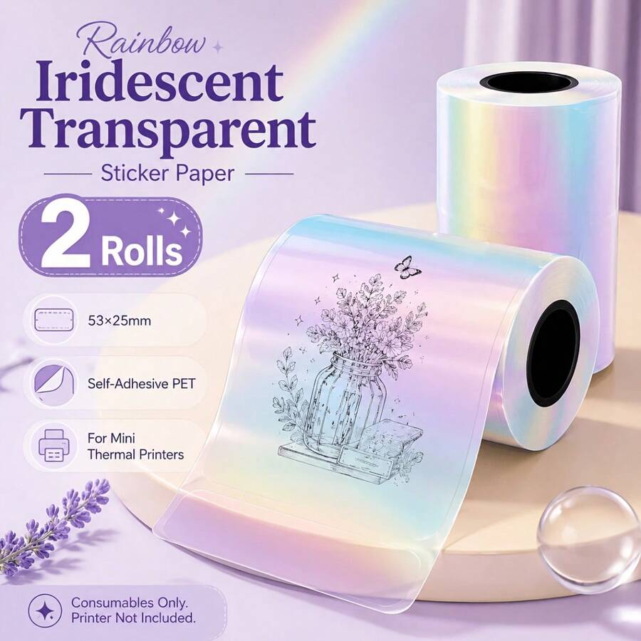 Rainbow Iridescent Transparent Thermal Sticker Paper Rolls, 53X25Mm Self-Adhesive PET Label Paper For Mini Thermal Printers, Oil-Resistant Scratch-Resistant Sticker Paper For Journals, Gift Packaging, Home Organization, Paper Solely - View 1