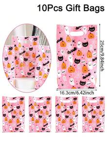 10/20/50pcs Pink Halloween Gift Bags, Cute Ghost Pumpkin Bat Pattern Tote Bags With Handles, Boys Girls Halloween Trick Or Treat Party Favors Party Supplies - Multicolor - View 9
